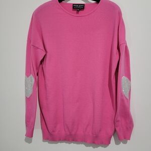FRANK LYMAN WOMEN'S PINK LONG SLEEVE SWEATER RINSTONE HEART PATCHED ELEBOWS